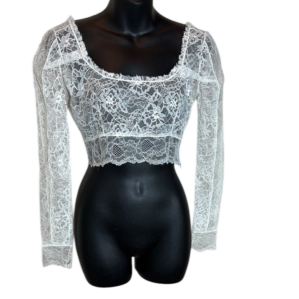 DUNDAS women’s white lace coquette crop top long sleeve sheer delicate floral